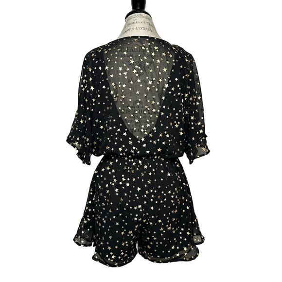 If By Sea Los Angeles | Women | Black Ruffle Gold Star Print Romper | Medium - Picture 3 of 14
